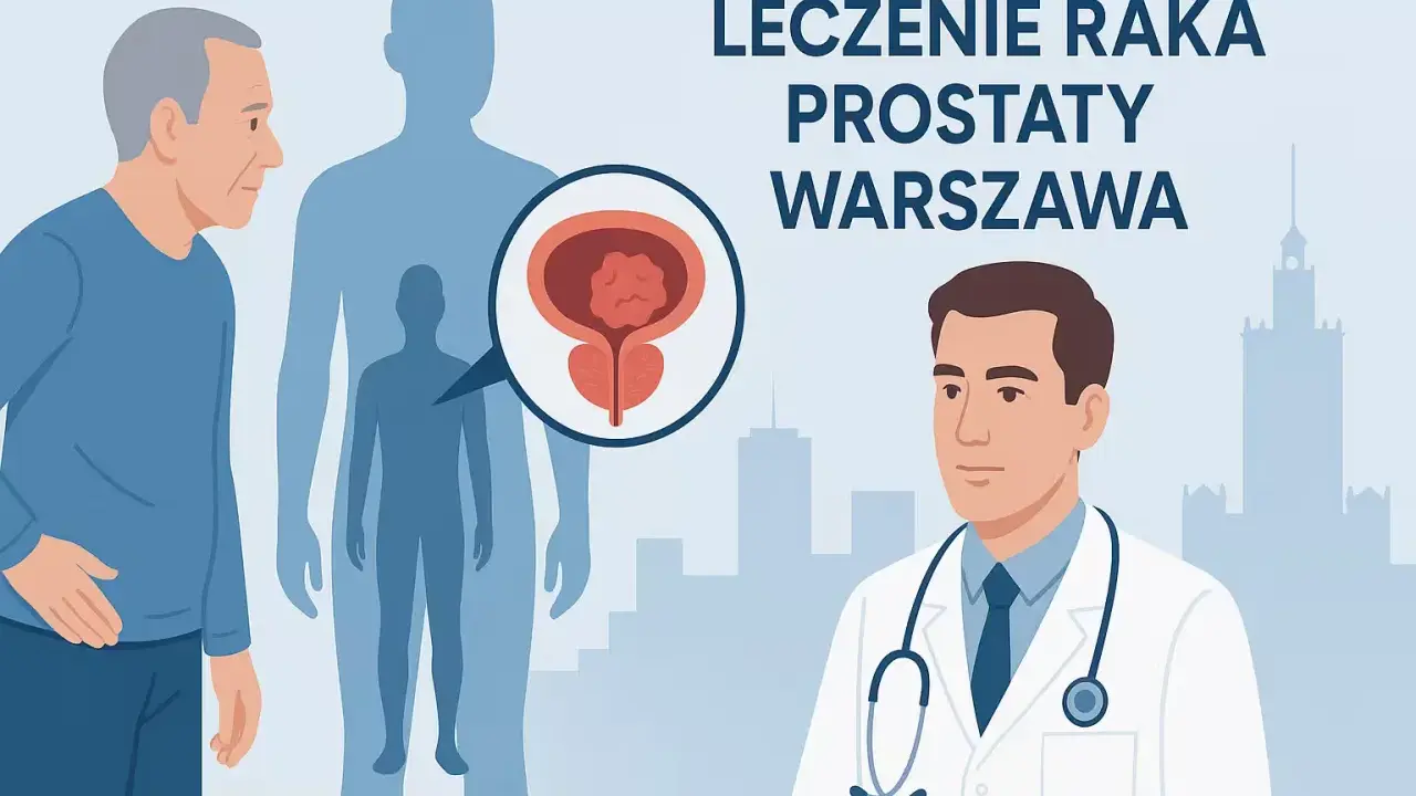 Lekarz omawia z pacjentem rokowania dotyczące nieoperacyjnego raka prostaty. W tle sylwetki mężczyzn i schemat prostaty.