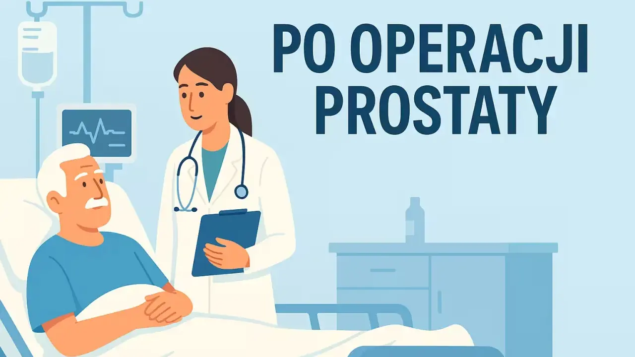 Lekarka rozmawia z pacjentem po laparoskopowym usunięciu prostaty. W tle kroplówka i monitor.