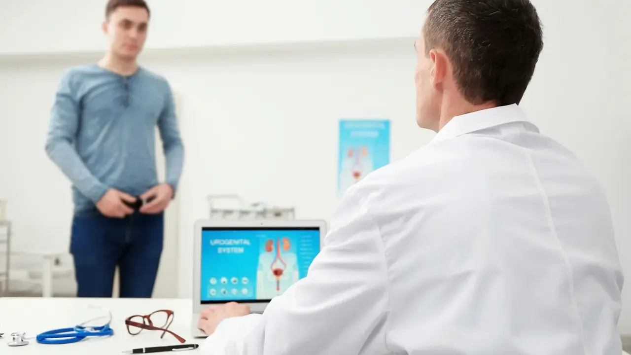 Lekarz omawia z pacjentem problemy z zatrzymaniem moczu po operacji prostaty, analizując na ekranie laptopa układ moczowo-płciowy.