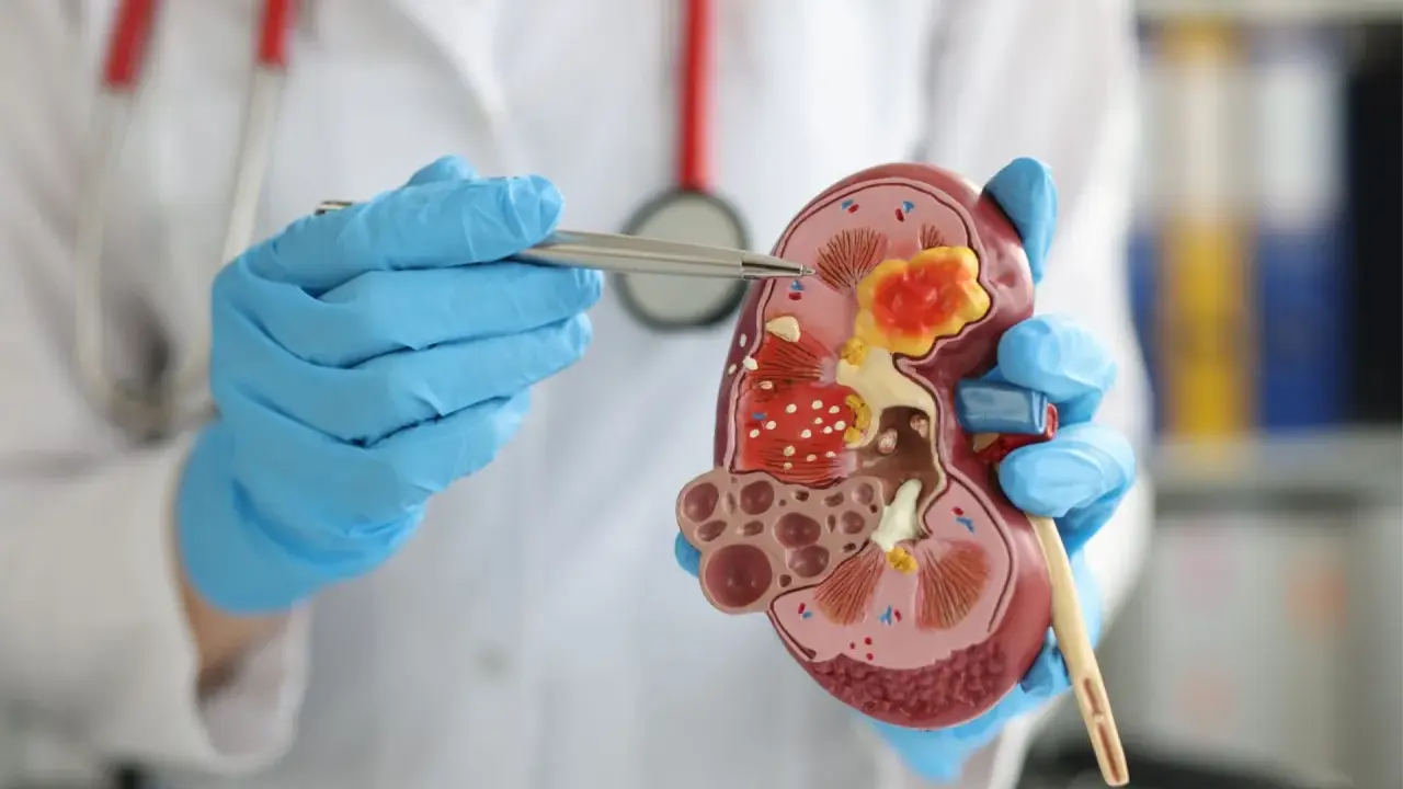 Lekarz w niebieskich rękawiczkach pokazuje model nerki z widocznym ureterocele, wskazując na niebieski element.