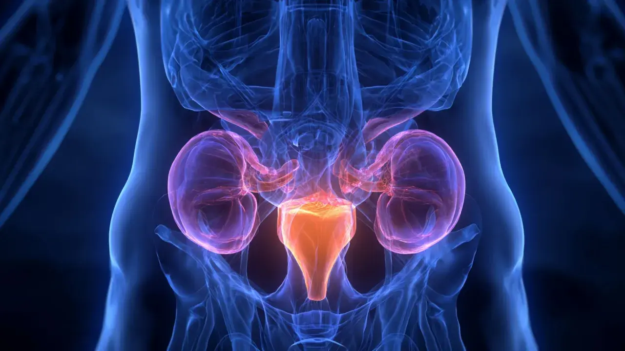 Anatomia układu moczowego z widocznymi nerkami i pęcherzem. Grafika ilustruje powiększona prostata leczenie.