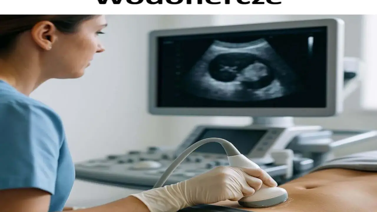 Lekarz wykonuje USG brzucha, na ekranie widoczny obraz płodu, który może wskazywać na wodonercze u dziecka.