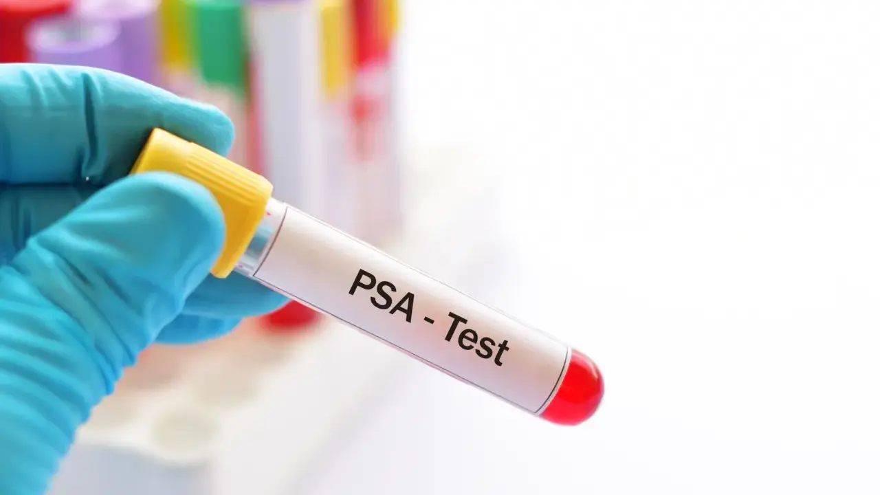 Ręka w niebieskiej rękawiczce trzyma probówkę z napisem "PSA - Test". To kluczowy krok w diagnostyce, który może pomóc w zrozumieniu, jak obniżyć psa prostaty.