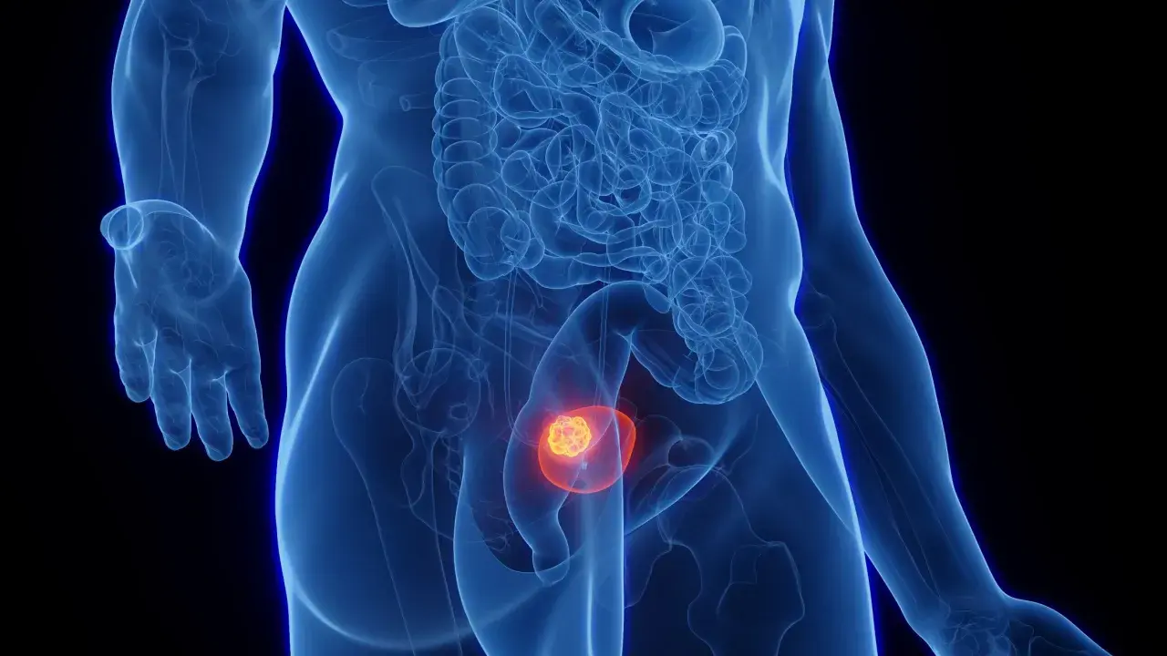 Widok anatomiczny ukazujący polip w pęcherzu moczowym, zaznaczony kolorem pomarańczowym i czerwonym.