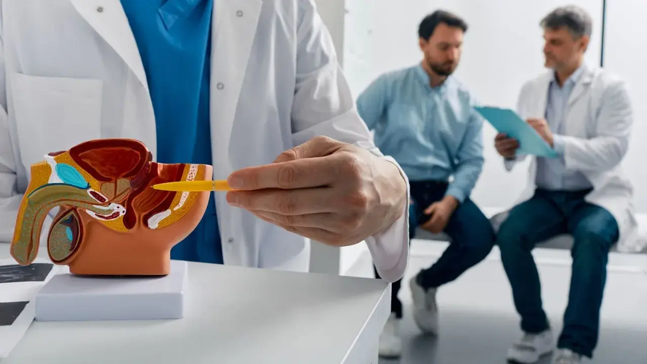 Lekarz pokazuje na modelu prostatę, omawiając jej wielkość i potencjalny guz. Dwóch mężczyzn w tle rozmawia.