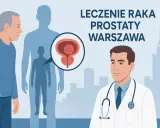 Lekarz omawia z pacjentem rokowania dotyczące nieoperacyjnego raka prostaty. W tle sylwetki mężczyzn i schemat prostaty.