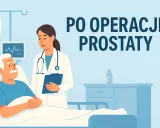 Lekarka rozmawia z pacjentem po laparoskopowym usunięciu prostaty. W tle kroplówka i monitor.