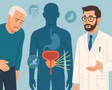 Lekarz rozmawia z pacjentem o częstomoczu po radioterapii prostaty. Widoczny problem z pęcherzem i prostatą.