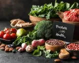 Zdjęcie przedstawia kompozycję zdrowych produktów spożywczych, takich jak warzywa, owoce i orzechy, z tabliczką "Prostate Health".