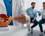 Lekarz pokazuje na modelu prostatę, omawiając jej wielkość i potencjalny guz. Dwóch mężczyzn w tle rozmawia.