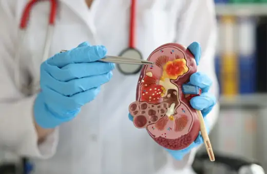 Lekarz w niebieskich rękawiczkach pokazuje model nerki z widocznym ureterocele, wskazując na niebieski element.