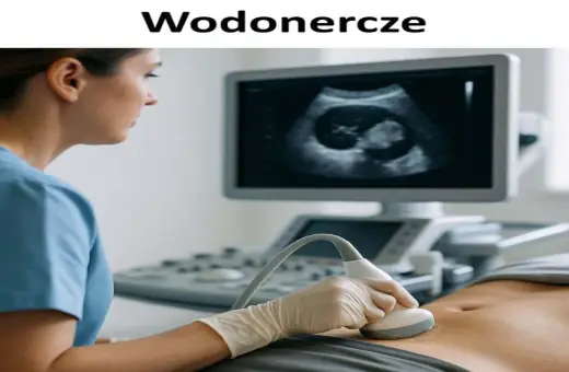 Lekarz wykonuje USG brzucha, na ekranie widoczny obraz płodu, który może wskazywać na wodonercze u dziecka.