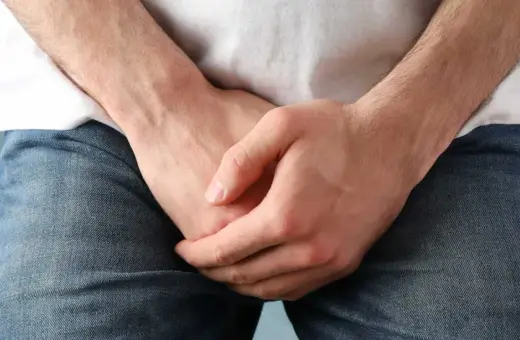 Mężczyzna w dżinsach i białej koszulce, ręce skrzyżowane na wysokości krocza. Może to symbolizować dyskomfort lub problem z popuszczaniem moczu u mężczyzn po oddaniu moczu.