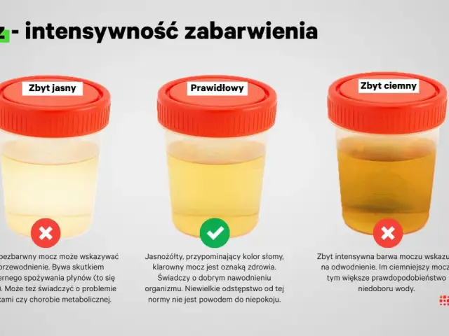 Jasny, prawidłowy i ciemny mocz. Intensywnie pomarańczowy mocz po nocy może świadczyć o odwodnieniu.