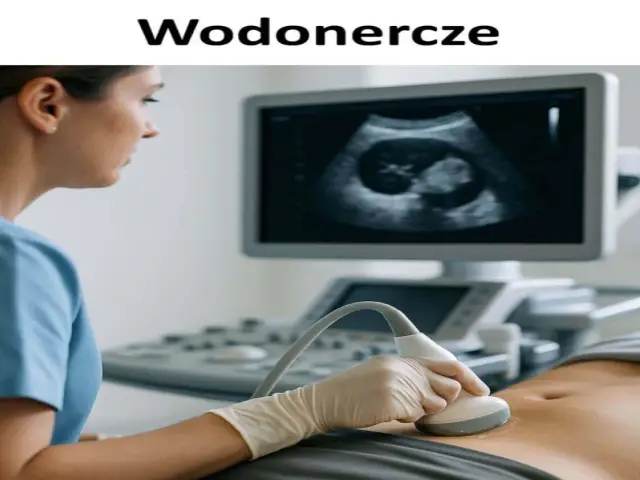 Lekarz wykonuje USG brzucha, na ekranie widoczny obraz płodu, który może wskazywać na wodonercze u dziecka.