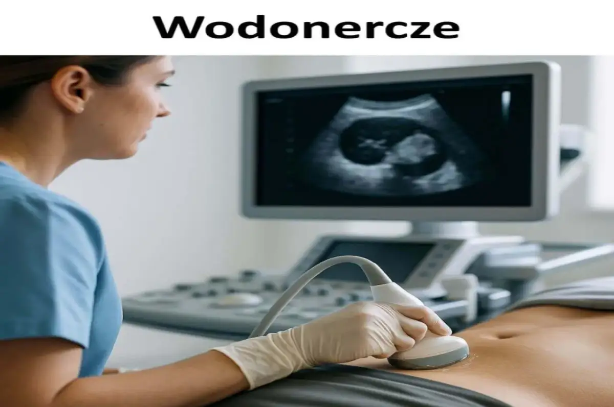 Lekarz wykonuje USG brzucha, na ekranie widoczny obraz płodu, który może wskazywać na wodonercze u dziecka.