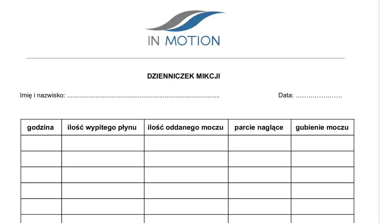 Dzienniczek mikcji do zapisywania ilości wypitego płynu, oddanego moczu, parć naglących i gubienia moczu, nawet w nocy.