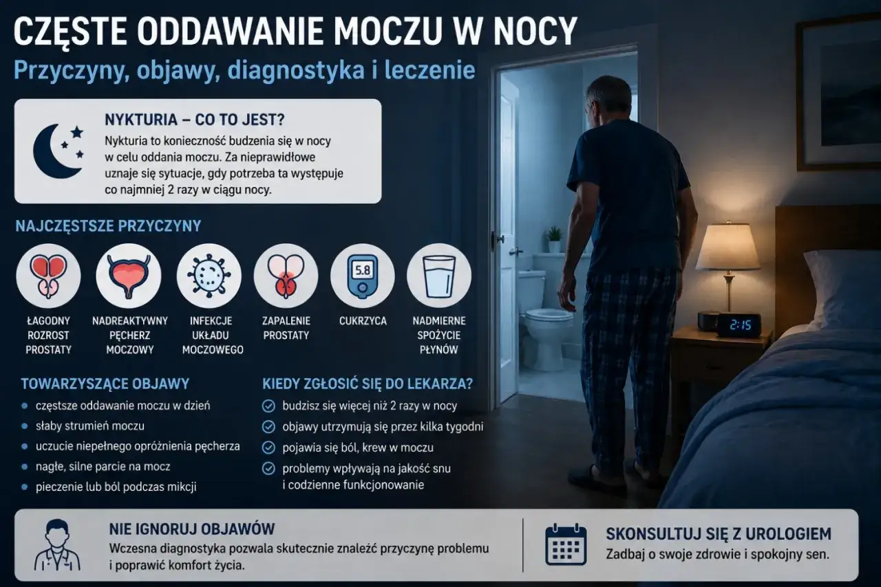 Mężczyzna w nocy idzie do łazienki. Częste oddawanie moczu w nocy, czyli nykturia, może mieć wiele przyczyn.
